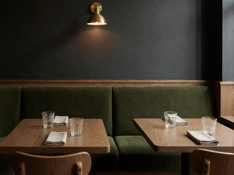 The banquette along the north wall, where the two six-tops and the corner eight sit.