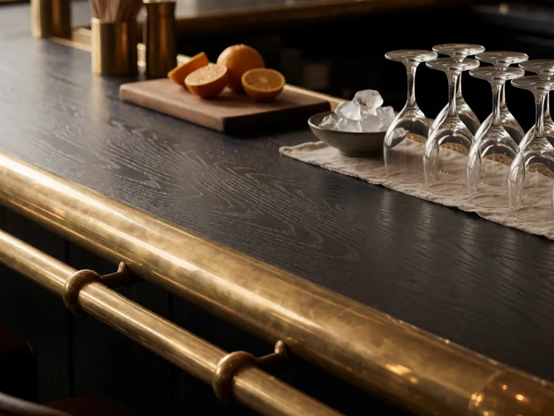 The twelve-seat bar and its brass rail