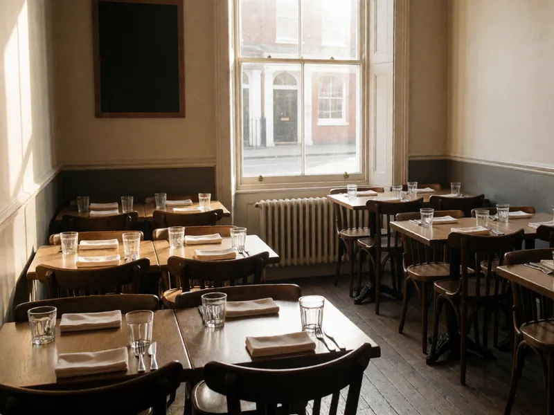 The dining room in the late afternoon, before service, with the tables set and the light coming in from 61st Street.