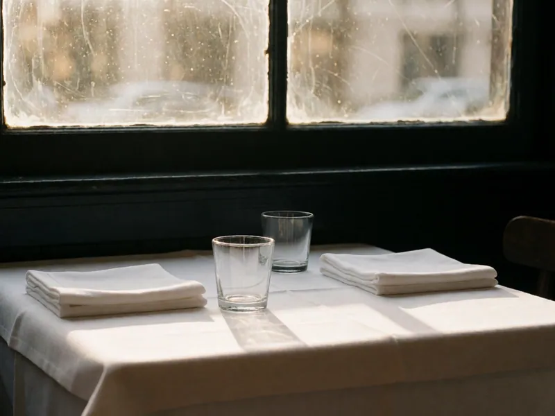 The corner of the dining room nearest the window, laid for two.
