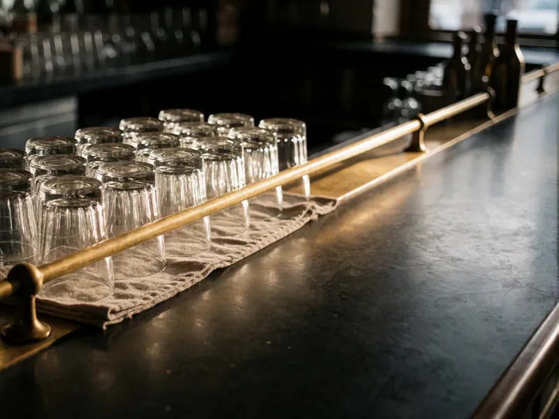 The bar at the end of service, glasses polished and put away.