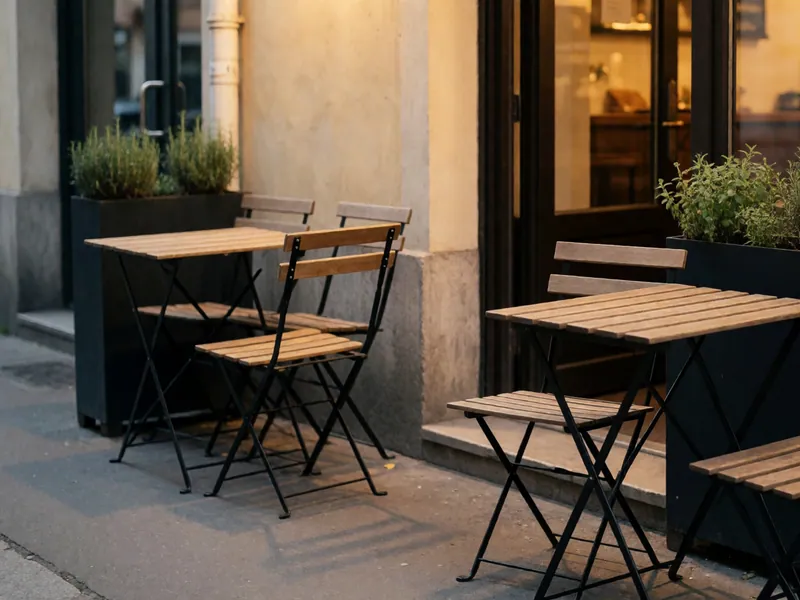 The pavement seating on 61st Street, set out for the summer.