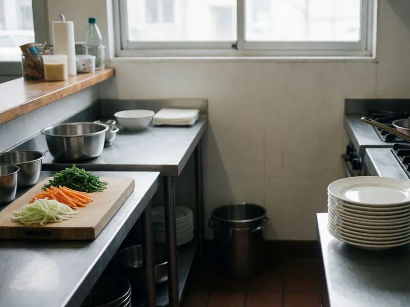 The kitchen in the morning, mid-prep, before the first service of the day.