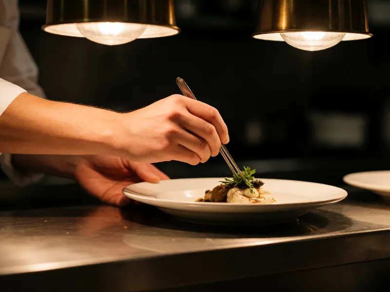 A hand finishing a plate at the pass, under the heat lamps.